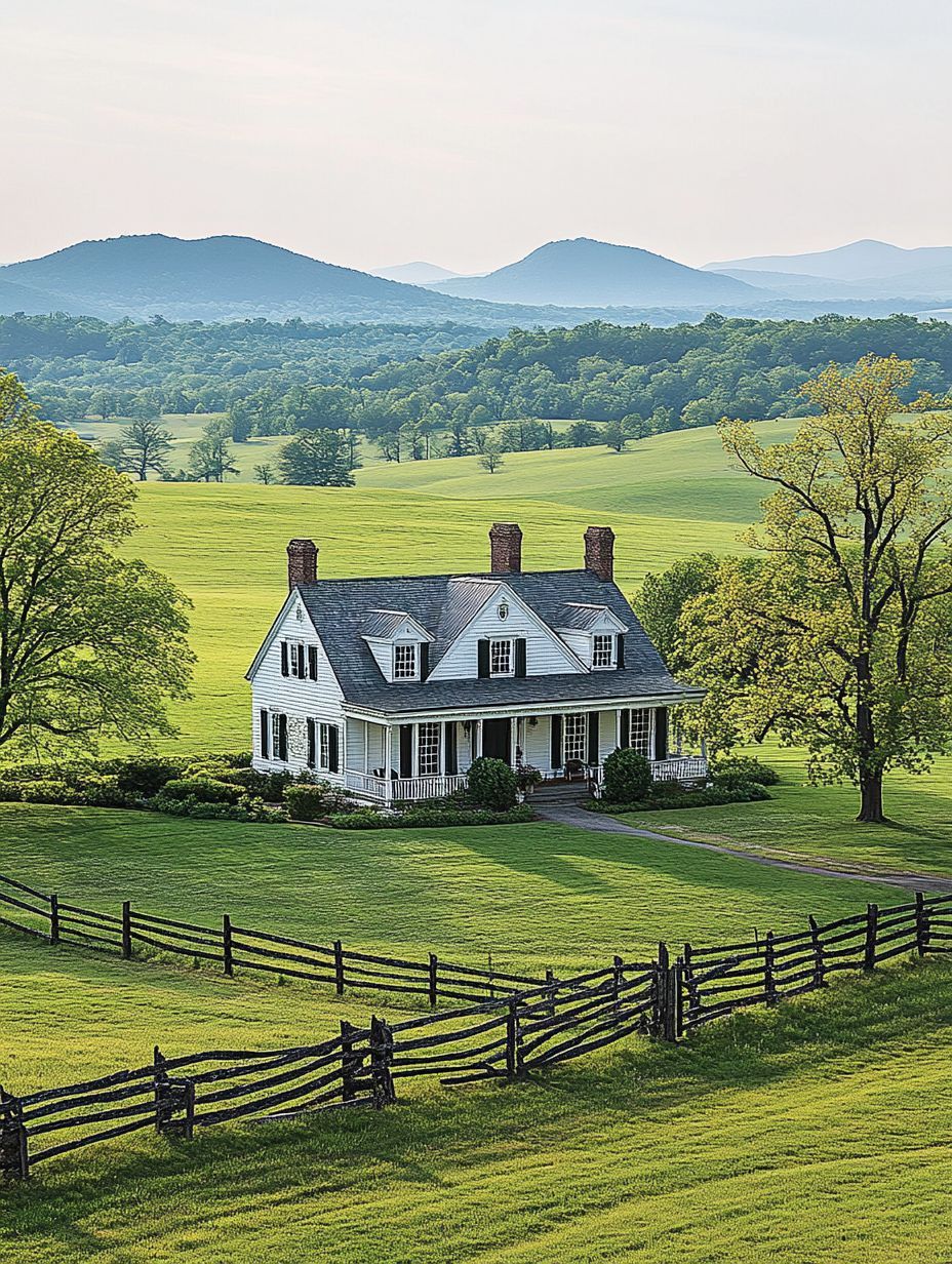 A white farmhouse with two chimneys sits in a green field, surrounded by trees and wooden fences, with mountains visible in the background.