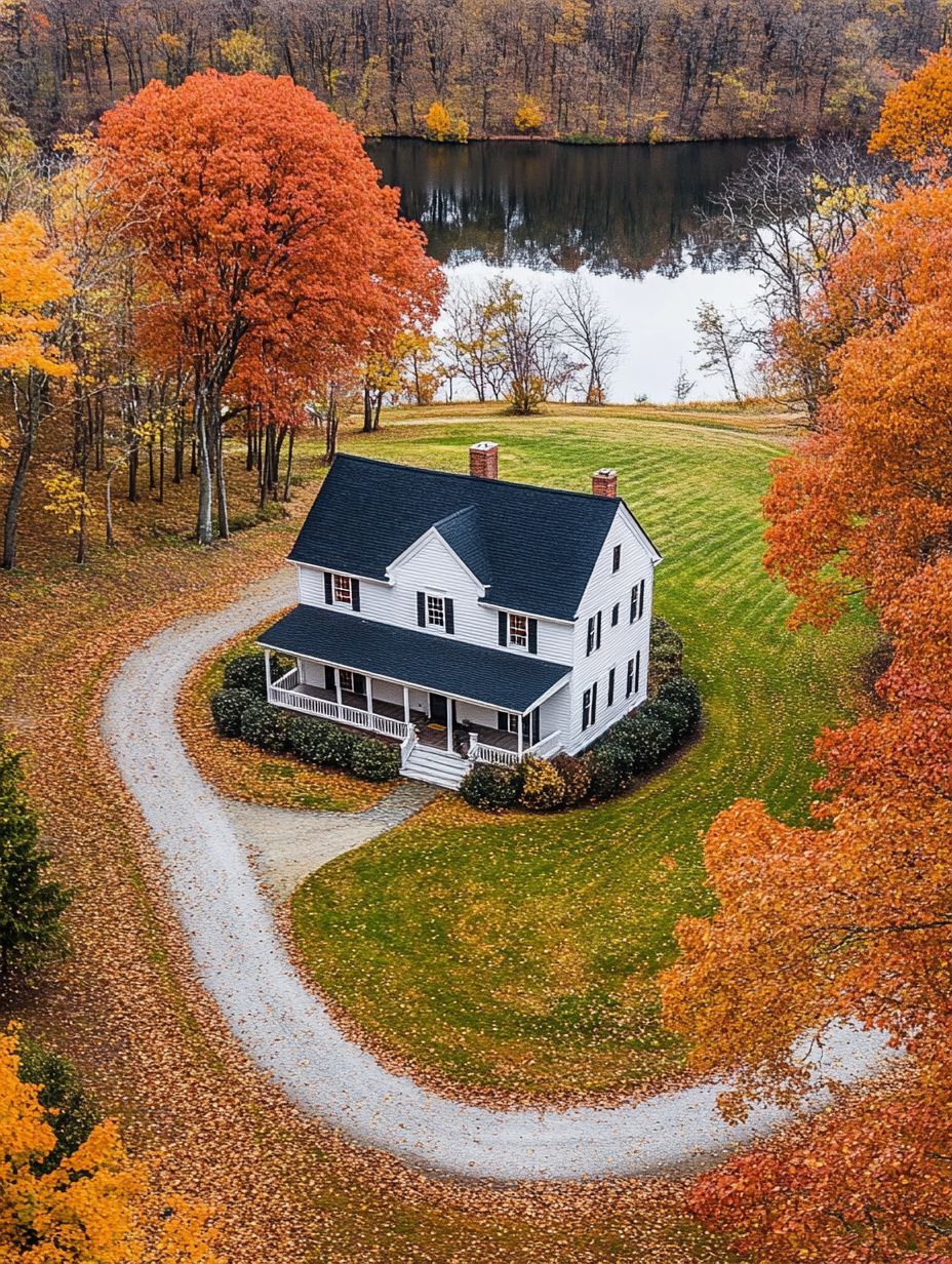 A white two-story house with a black roof sits in the center of a curved driveway, surrounded by autumn trees and a lake in the background.