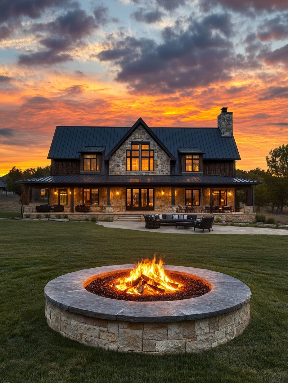 A two-story stone house with large windows and a metal roof stands behind a circular fire pit on a manicured lawn at sunset.