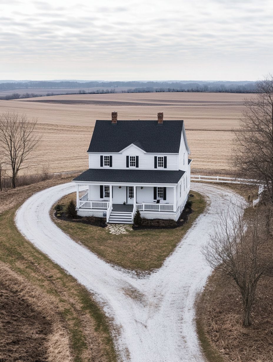 A white two-story house with a porch sits in the middle of a field, surrounded by a curved gravel driveway and sparse winter trees under a cloudy sky.