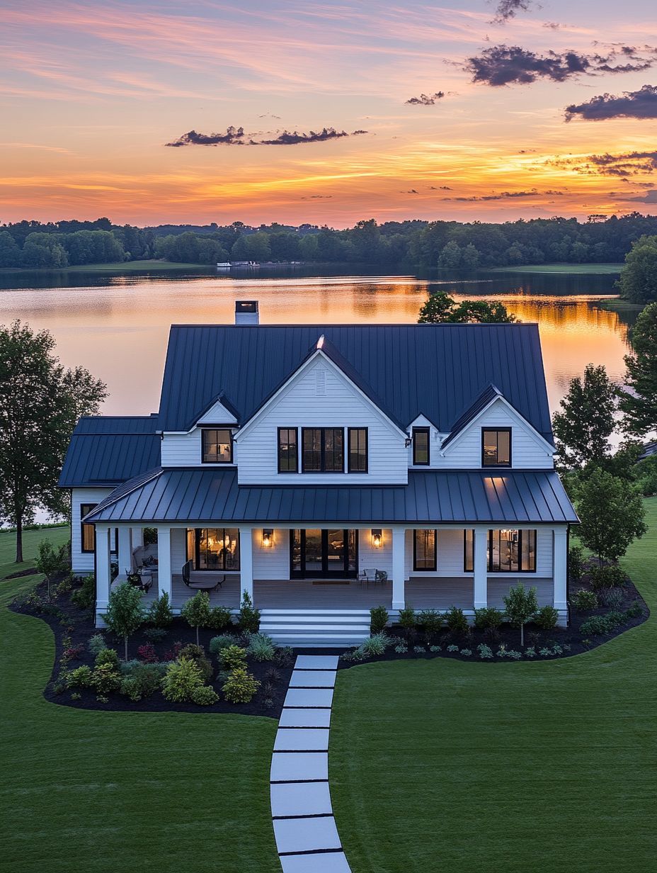 A modern white house with a black roof sits by a lake at sunset, surrounded by green lawn, landscaped shrubs, and trees, with a paved walkway leading to the front porch.