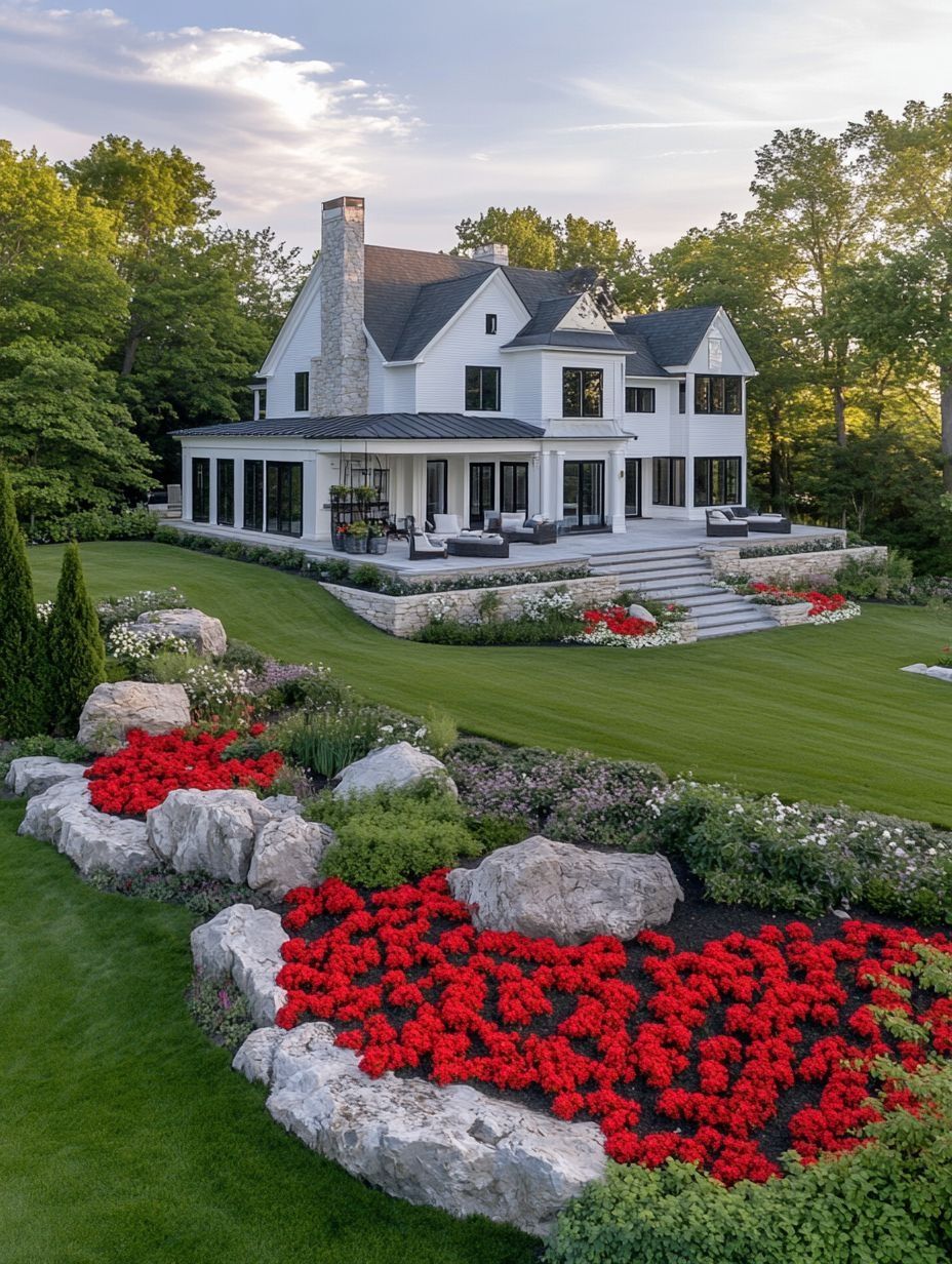 A large white house with black trim sits behind a manicured green lawn, stone landscaping, and vibrant red flowerbeds. Trees and blue sky are in the background.