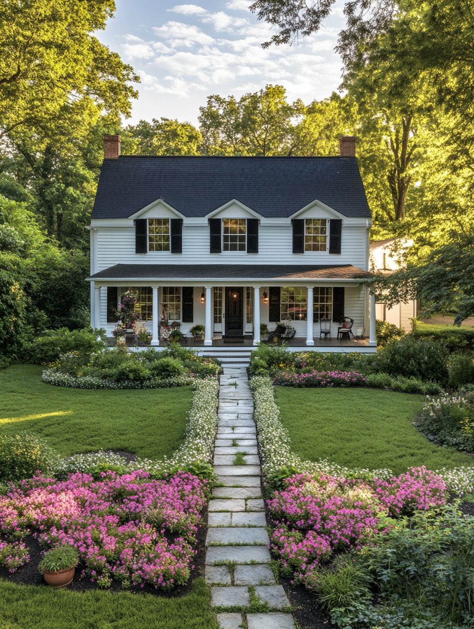 A white two-story house with black shutters and a wide front porch, surrounded by lush green lawn, blooming pink flowers, and a stone walkway leading to the entrance.