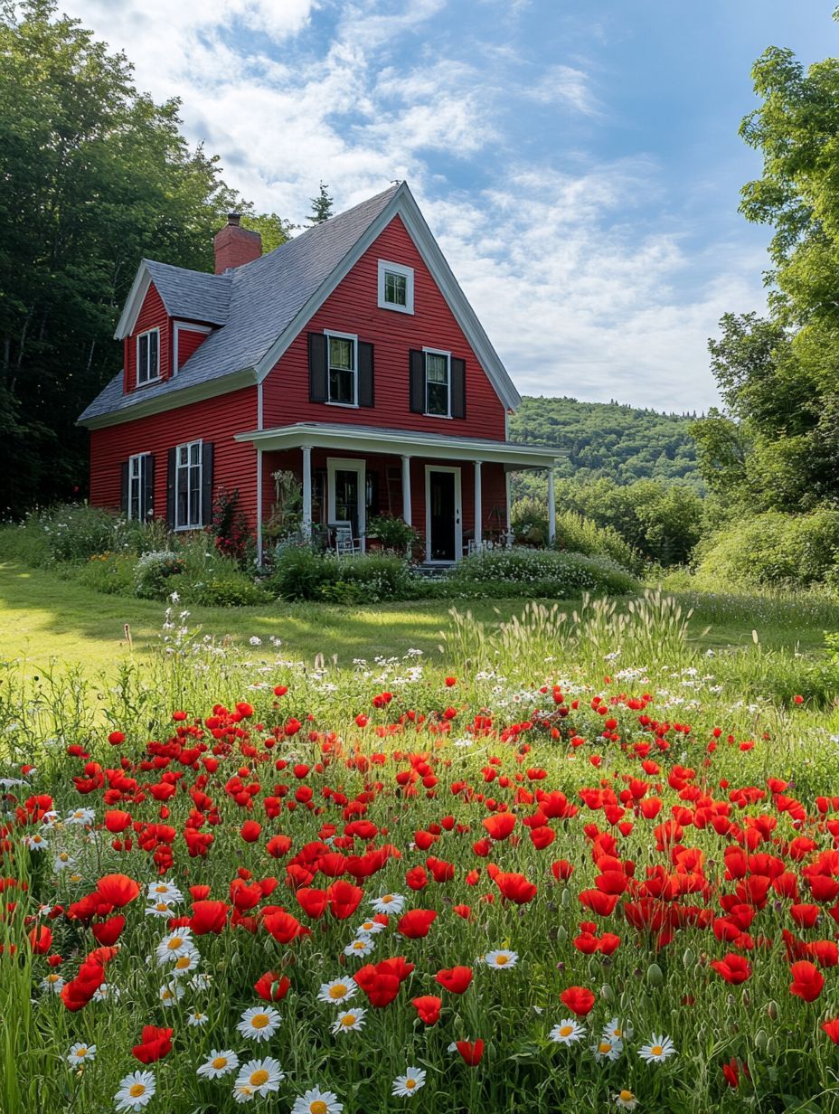 A red house with white trim stands amid greenery, with a front porch and a garden of red poppies and white daisies in the foreground.