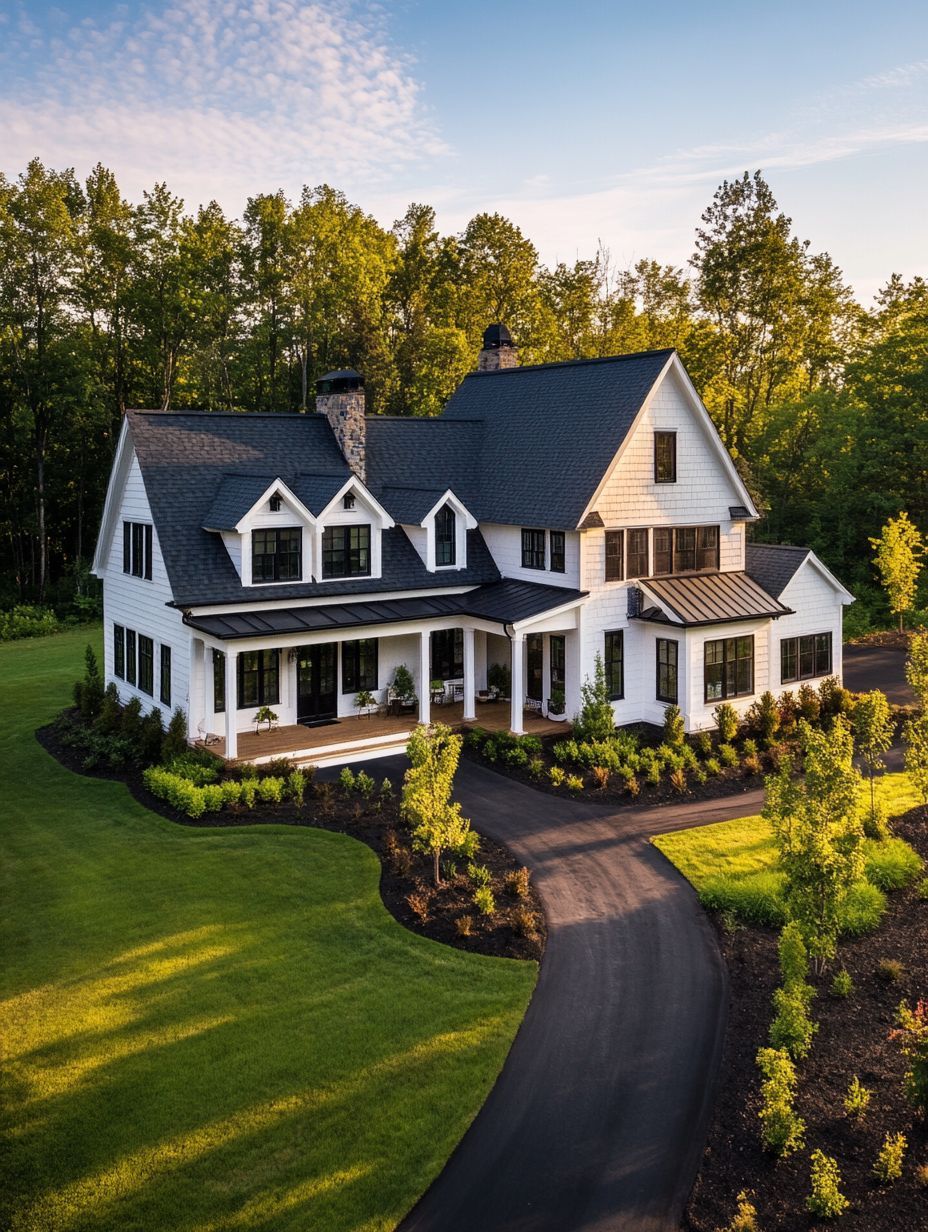 A large white two-story house with black roofing sits on a landscaped lawn, surrounded by trees and a curved driveway in the foreground.
