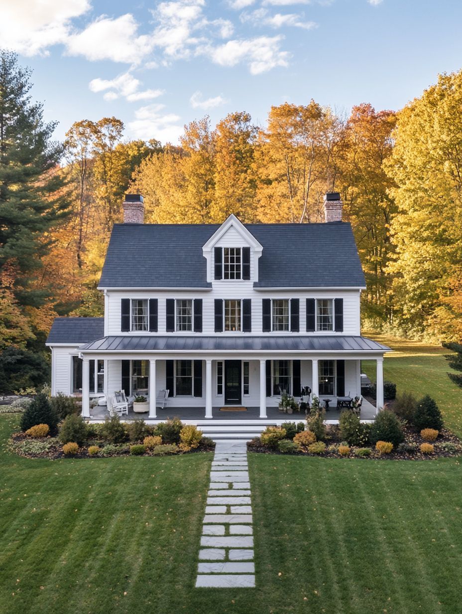 A two-story white house with black shutters and a covered front porch sits on a manicured lawn, surrounded by autumn trees with colorful foliage.