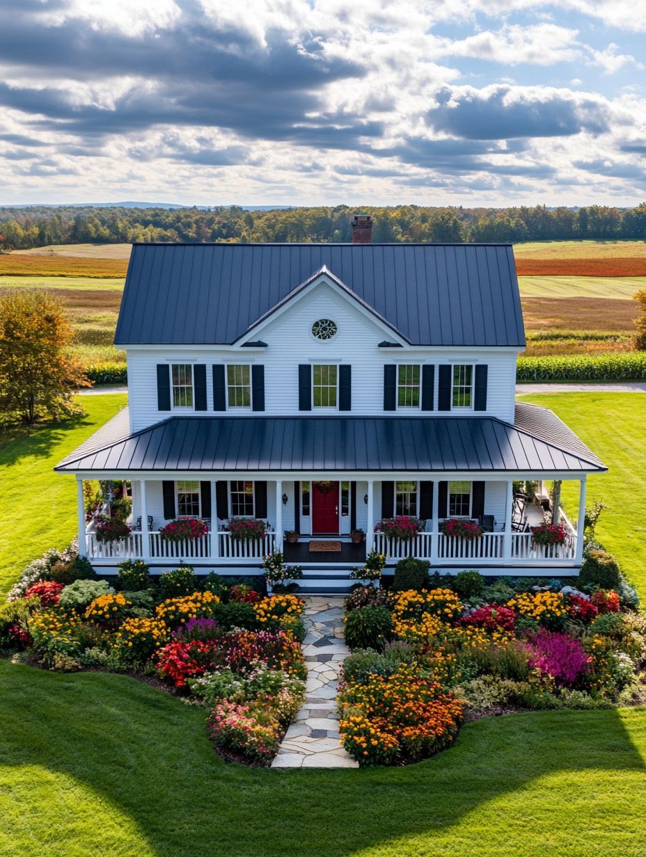 A white two-story farmhouse with a black metal roof, wraparound porch, and a vibrant flower garden, set amid a green lawn and fields under a partly cloudy sky.