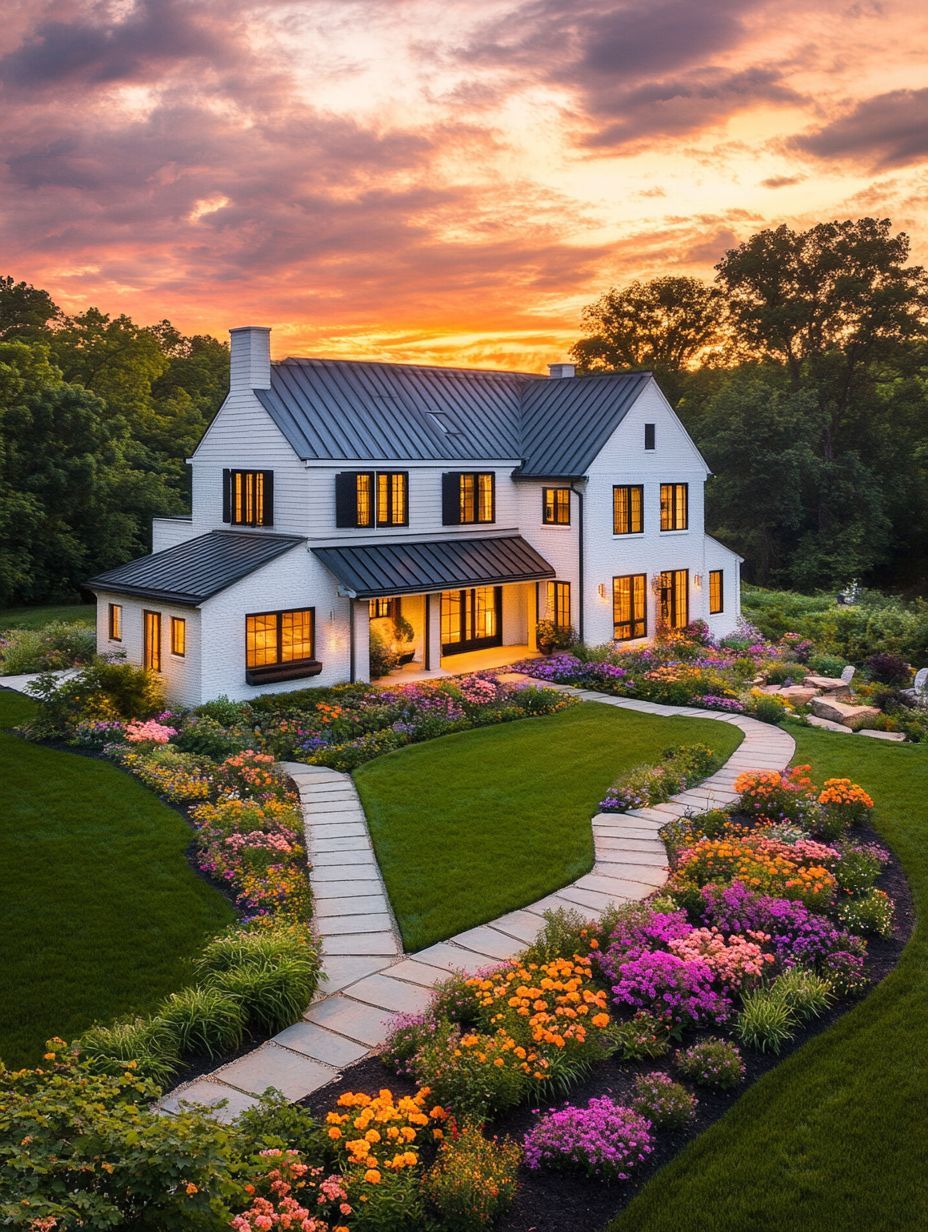 A modern white house with large windows sits amid colorful flower gardens and manicured lawns at sunset, with a winding stone path leading to the entrance.
