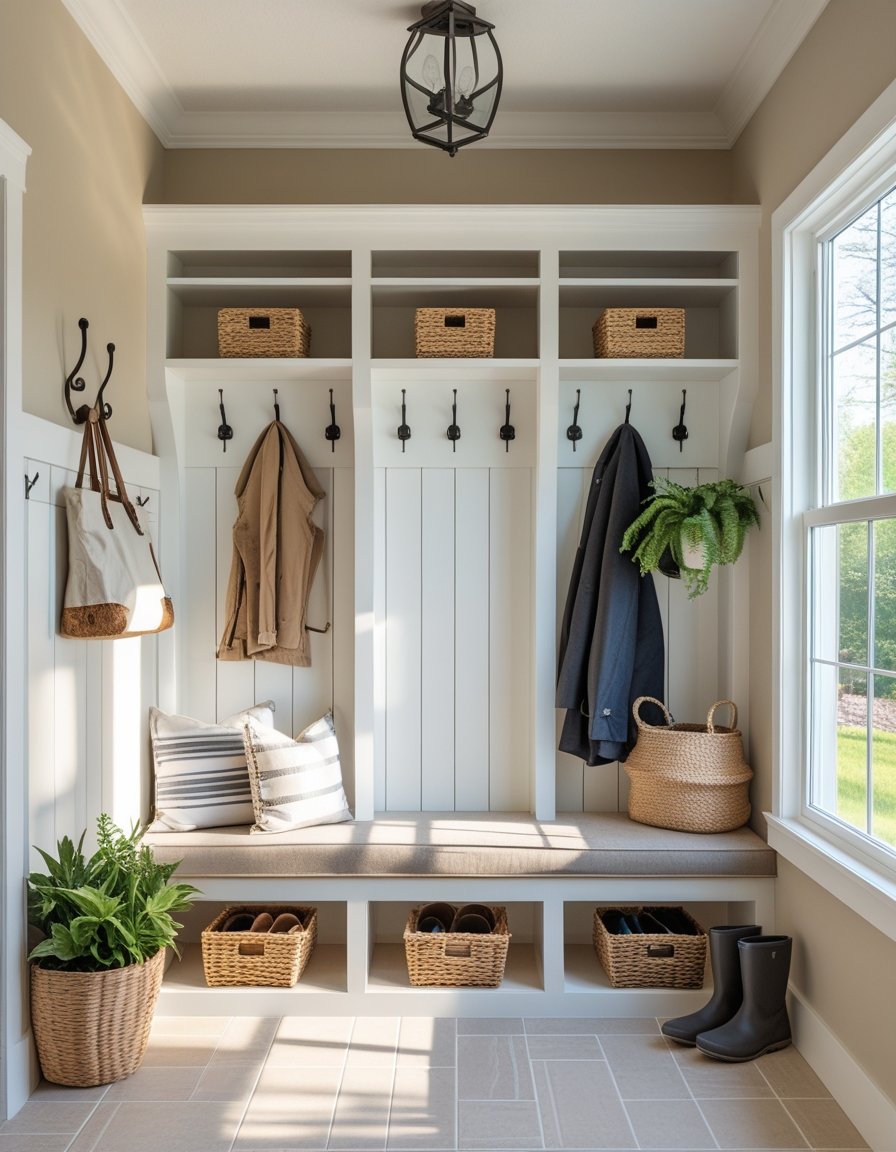 A bright mudroom with built-in white cubbies, baskets, coat hooks, a bench with cushions, potted plants, and boots near a large window.
