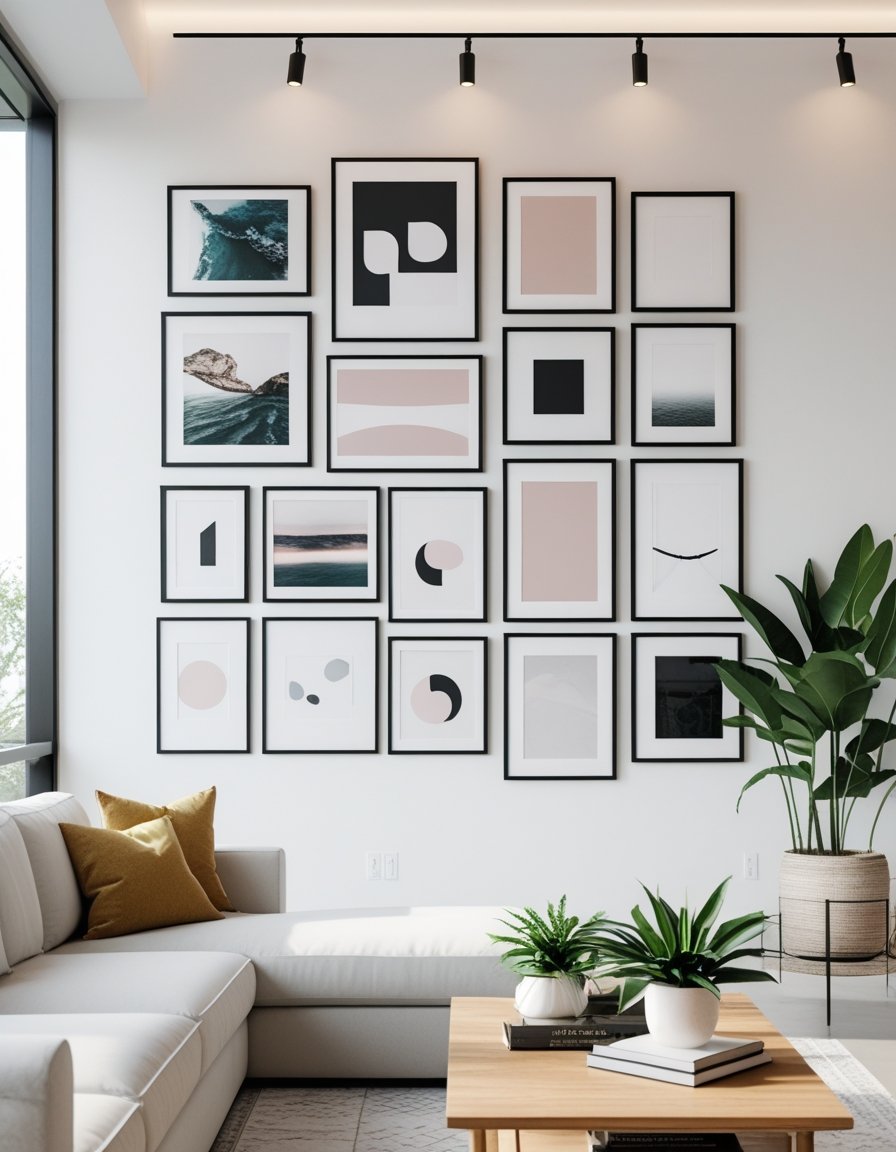 A modern living room features a grid of framed abstract art on a white wall above a sectional sofa, with indoor plants and a wooden coffee table.