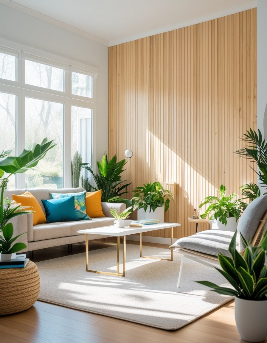 Bright living room with large windows, wooden accent wall, neutral furniture, colorful pillows, white tables, and several potted green plants. Natural light fills the space.