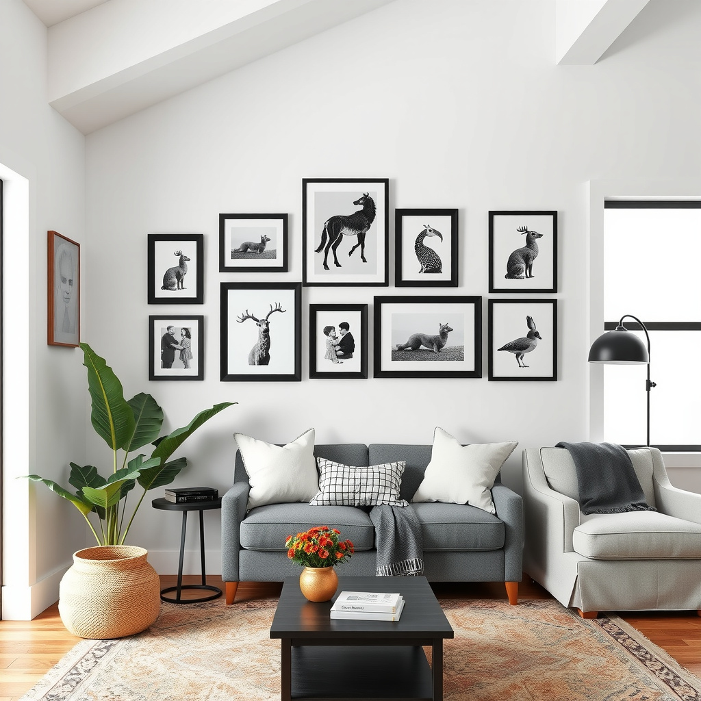 9) Create a gallery wall with simple black frames.