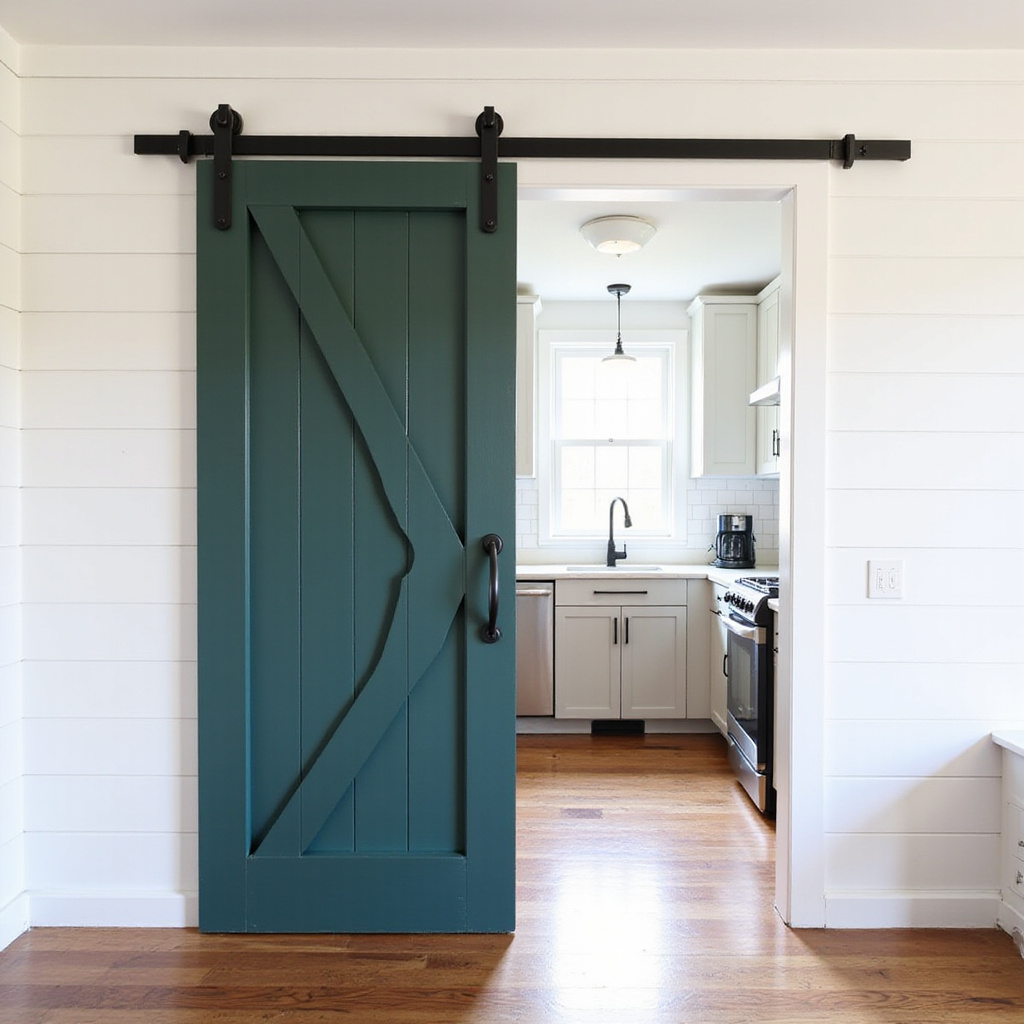 Barn-style sliding doors painted in bold, contrasting colors