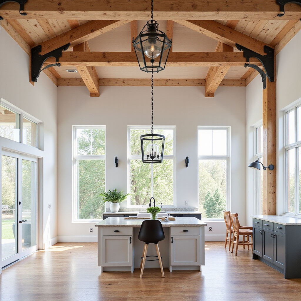 Exposed wooden beams combined with steel accents