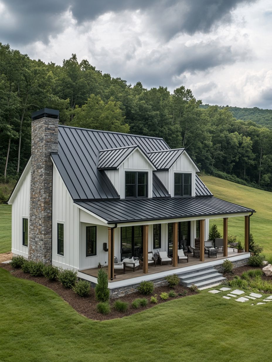 A modern white farmhouse with a black metal roof, stone chimney, front porch, and landscaped yard, set against a backdrop of trees and rolling hills.