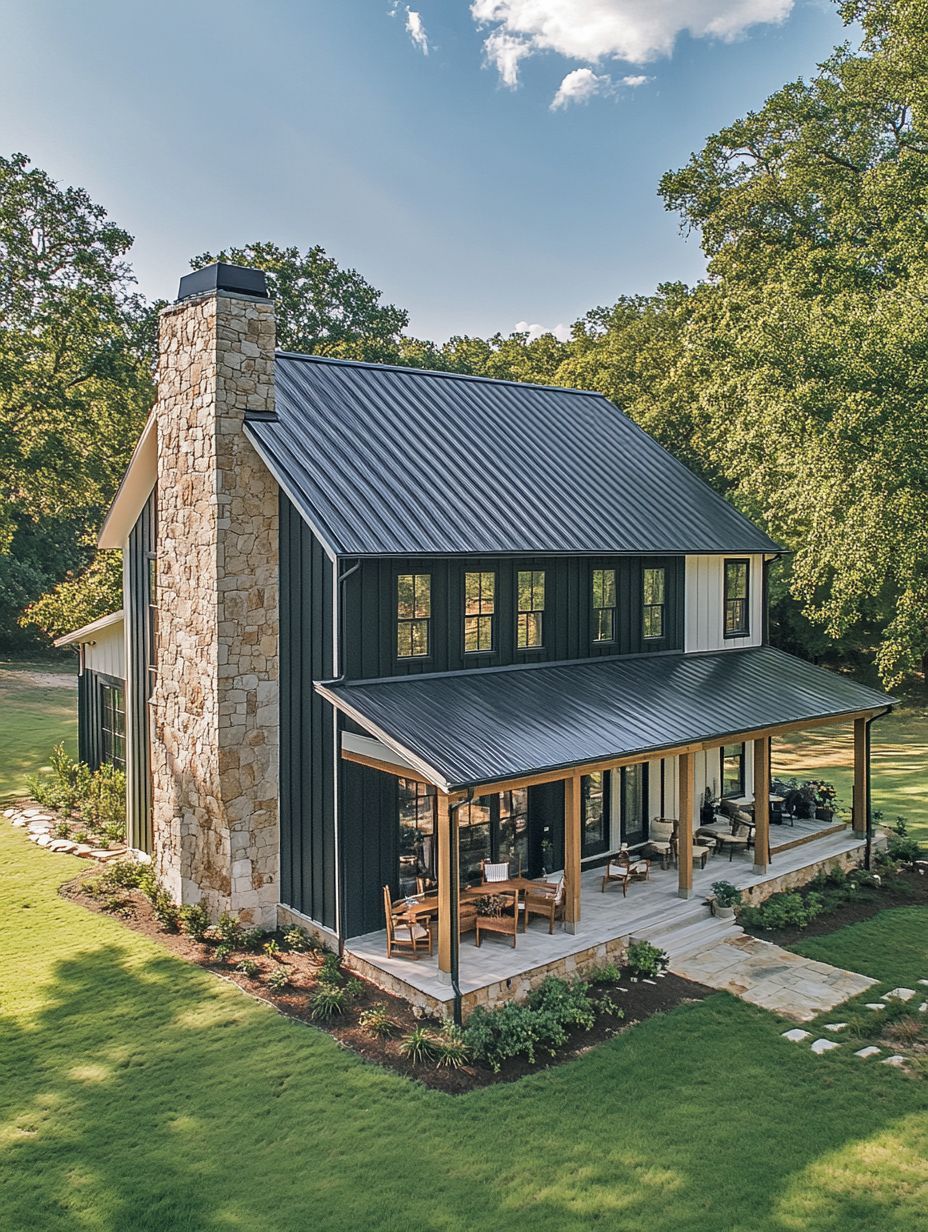 A modern farmhouse with dark metal siding, a large stone chimney, metal roof, and a covered front porch, surrounded by lawn and trees under a sunny sky.