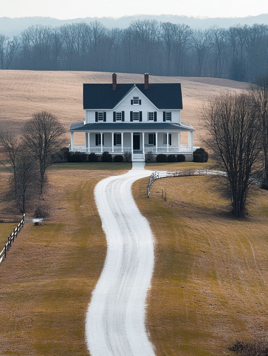 A white two-story farmhouse with a large porch sits at the end of a winding gravel driveway, surrounded by open fields and leafless trees in winter.