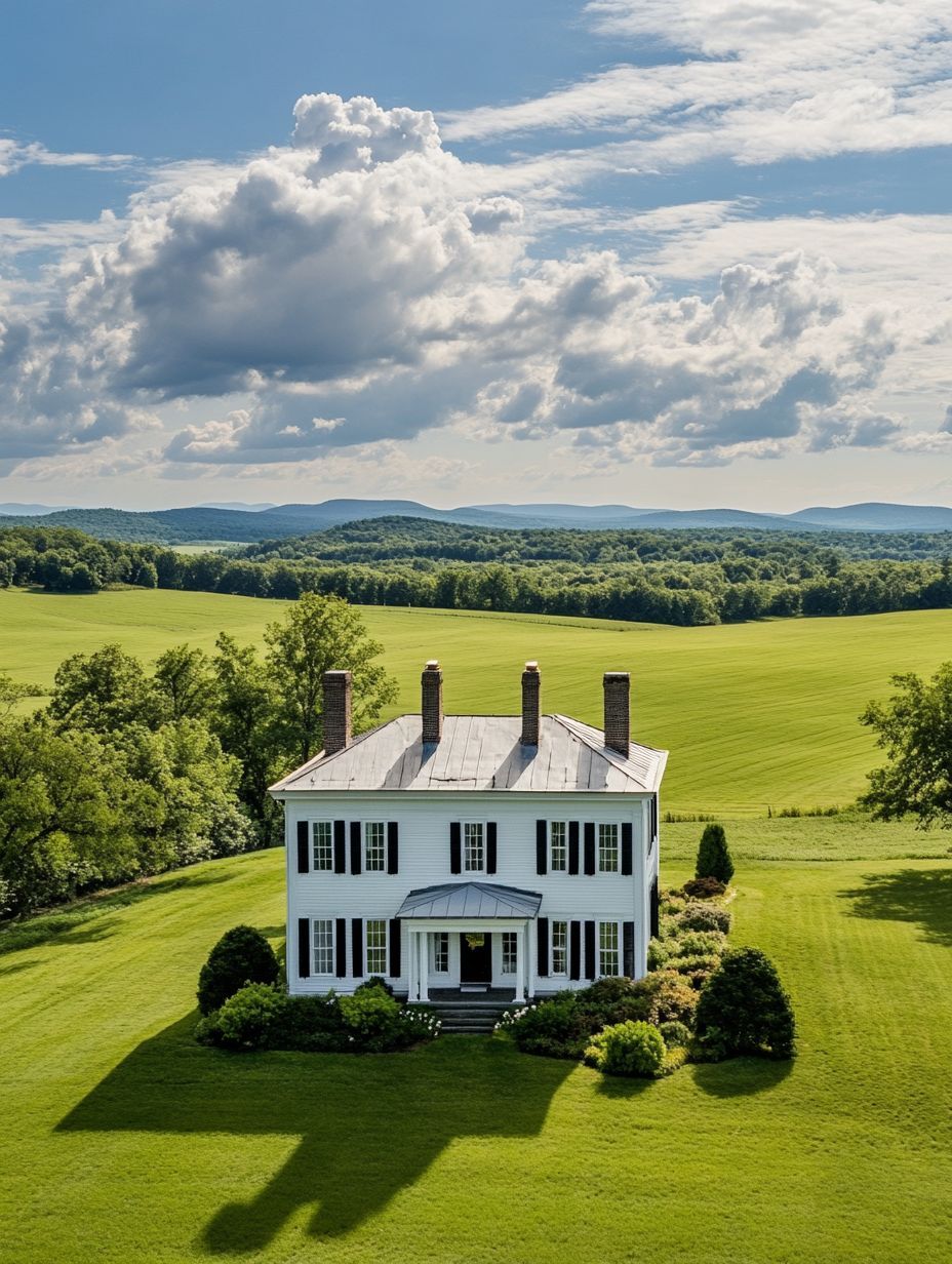 A white two-story house with black shutters sits in the middle of a large green field, with trees and distant hills under a partly cloudy sky.