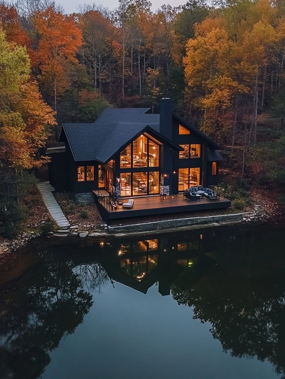 A modern lakeside house with large windows is surrounded by autumn trees, reflecting in the calm water below.