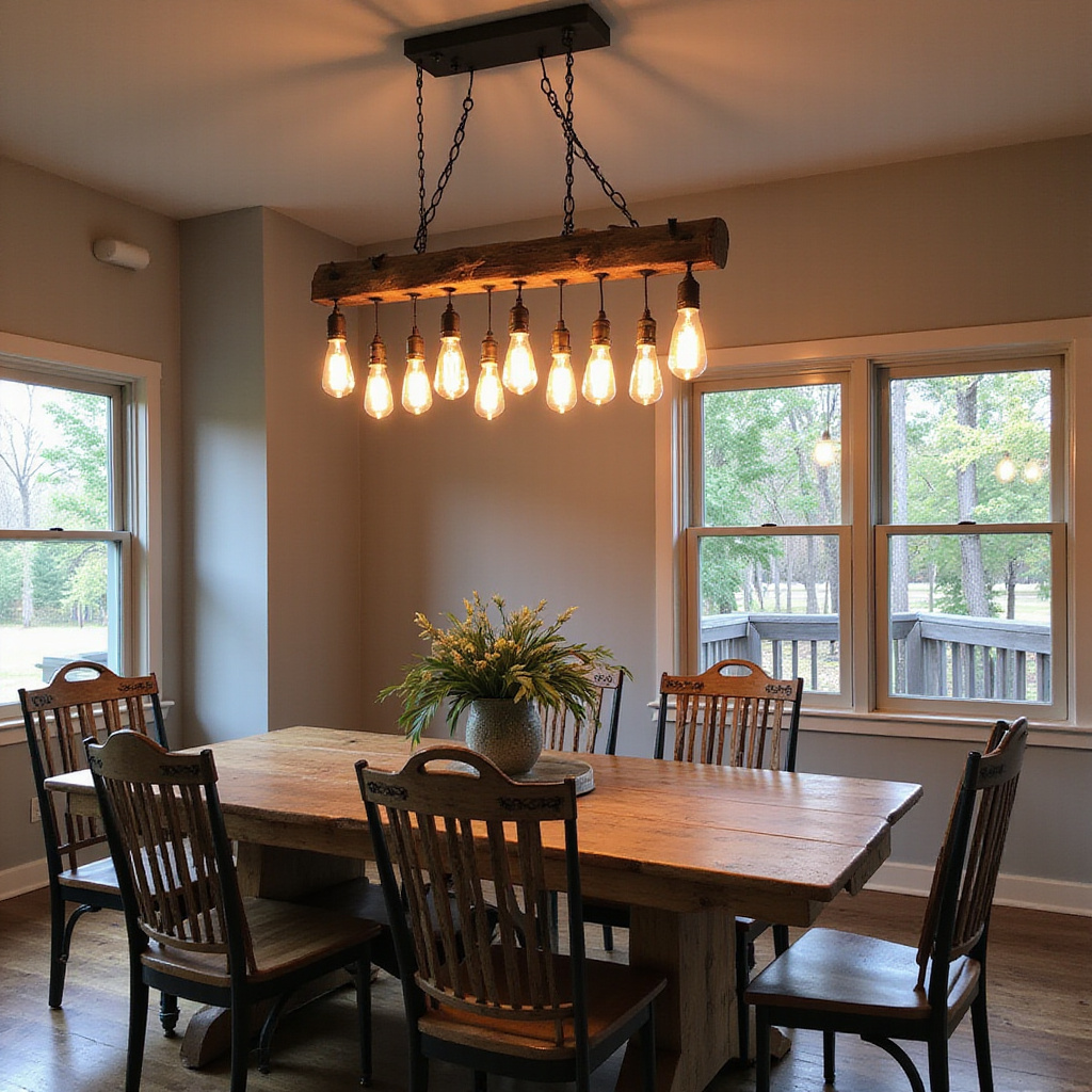 Rustic chandeliers with Edison bulbs for warm lighting
