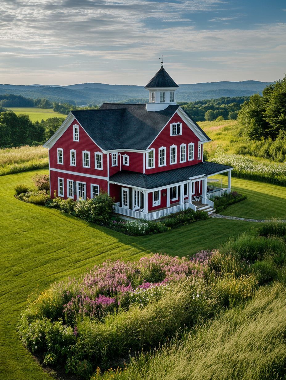 A large red house with a white porch sits surrounded by lush green grass, wildflowers, and rolling hills under a partly cloudy sky.