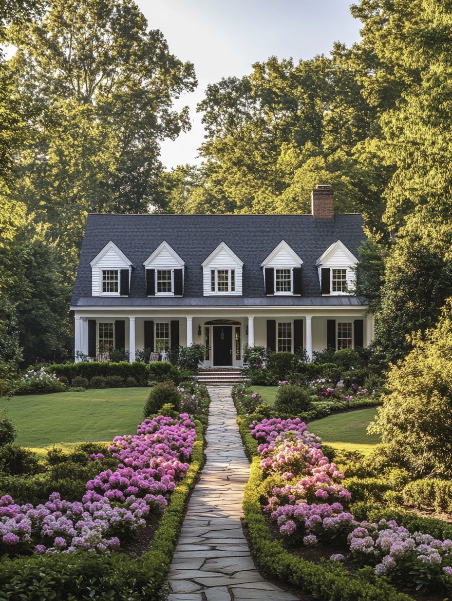 A two-story house with white siding and black shutters sits behind a stone walkway lined with blooming pink flowers and well-kept greenery. Tall trees surround the property.