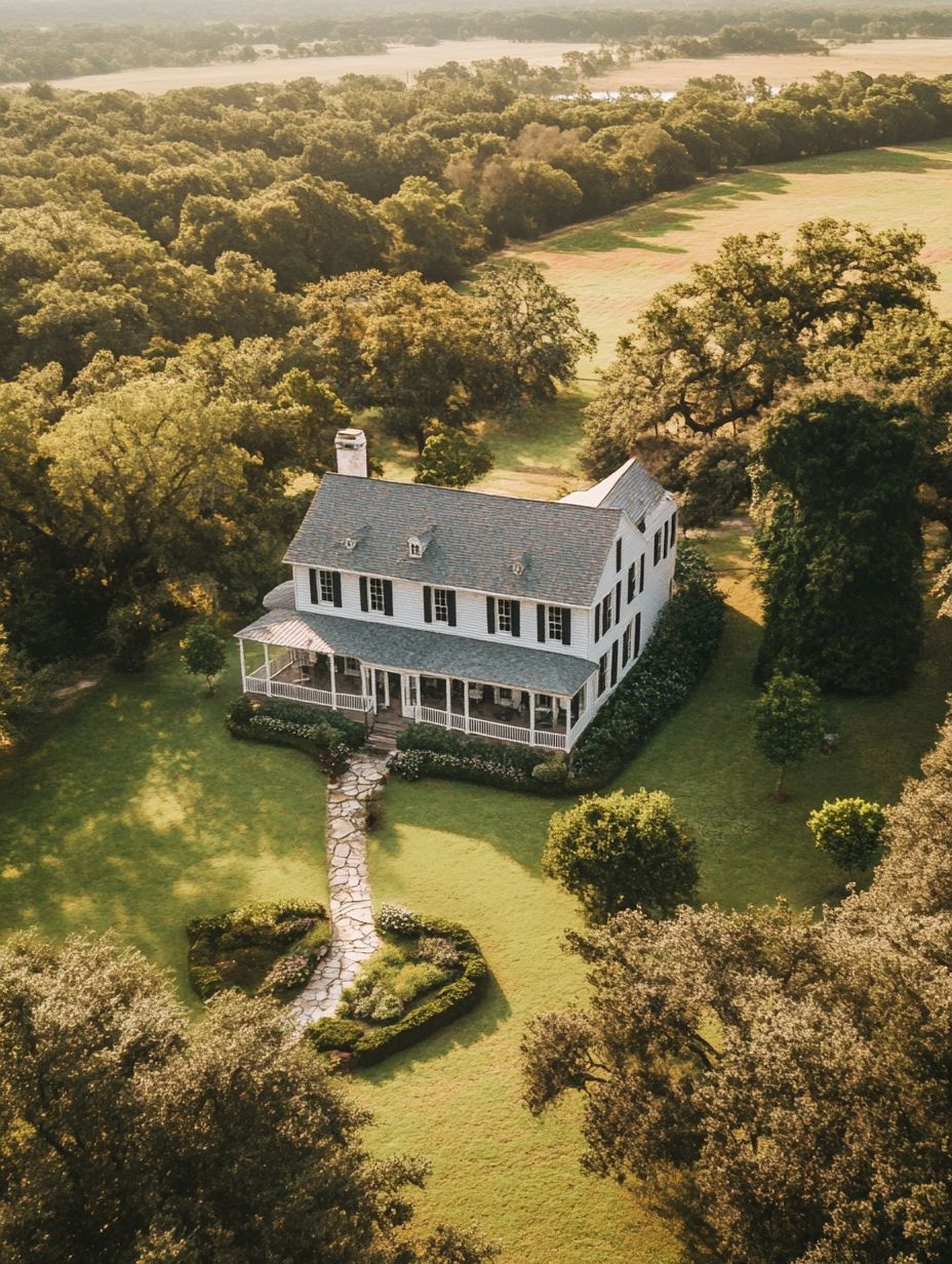 Aerial view of a white two-story house with a wraparound porch, surrounded by green lawn, trees, and landscaped garden, set in a rural area.