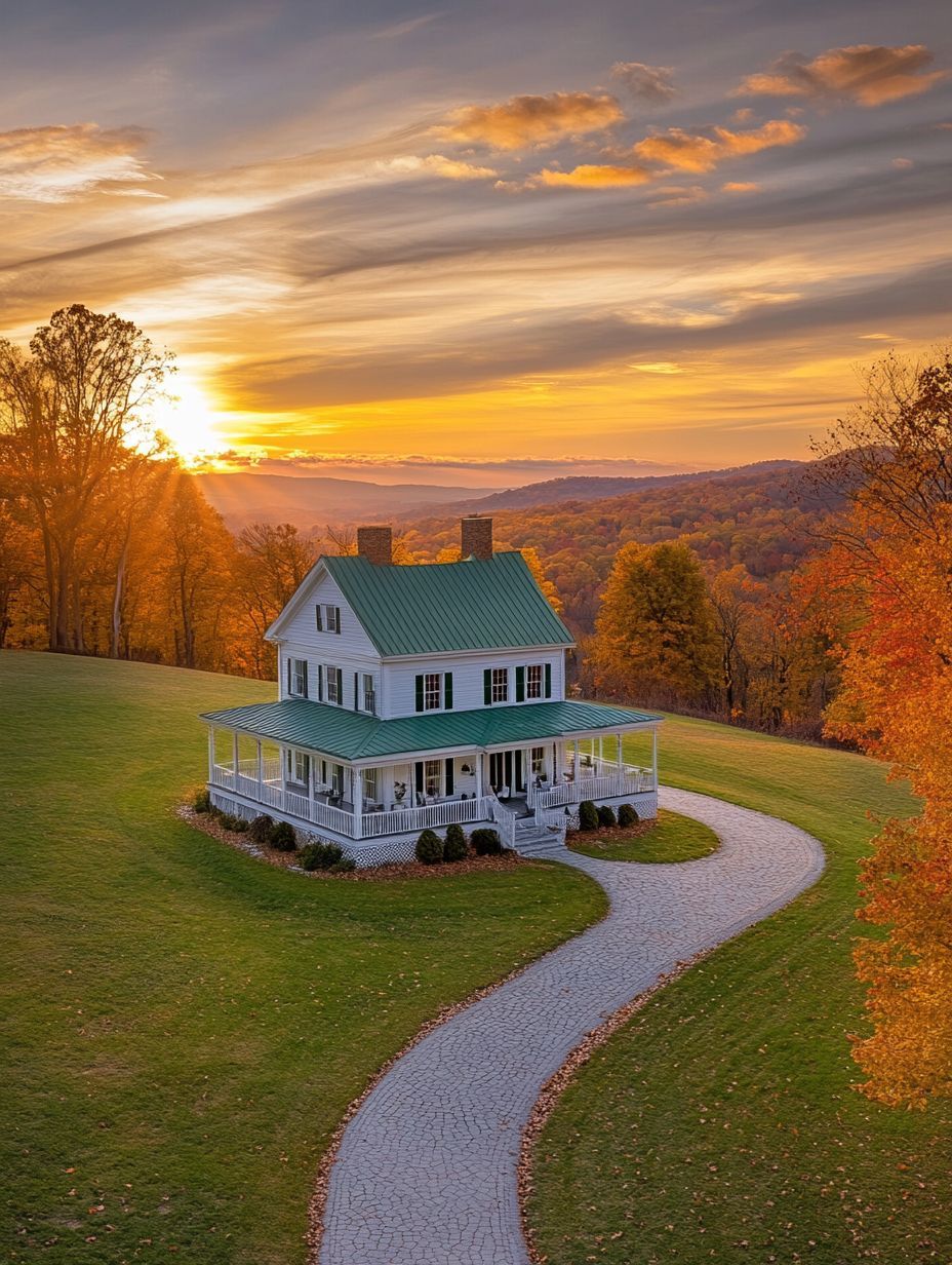 A white two-story house with a green roof sits on a grassy hill, surrounded by autumn trees, with a curved driveway and a sunset in the background.