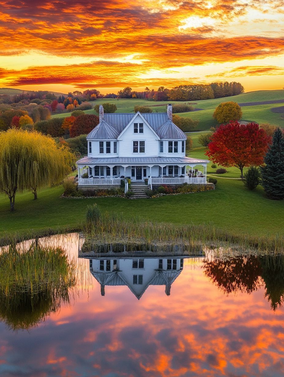 A white farmhouse with a wraparound porch is reflected in a pond at sunset, with vibrant autumn trees and rolling hills in the background.