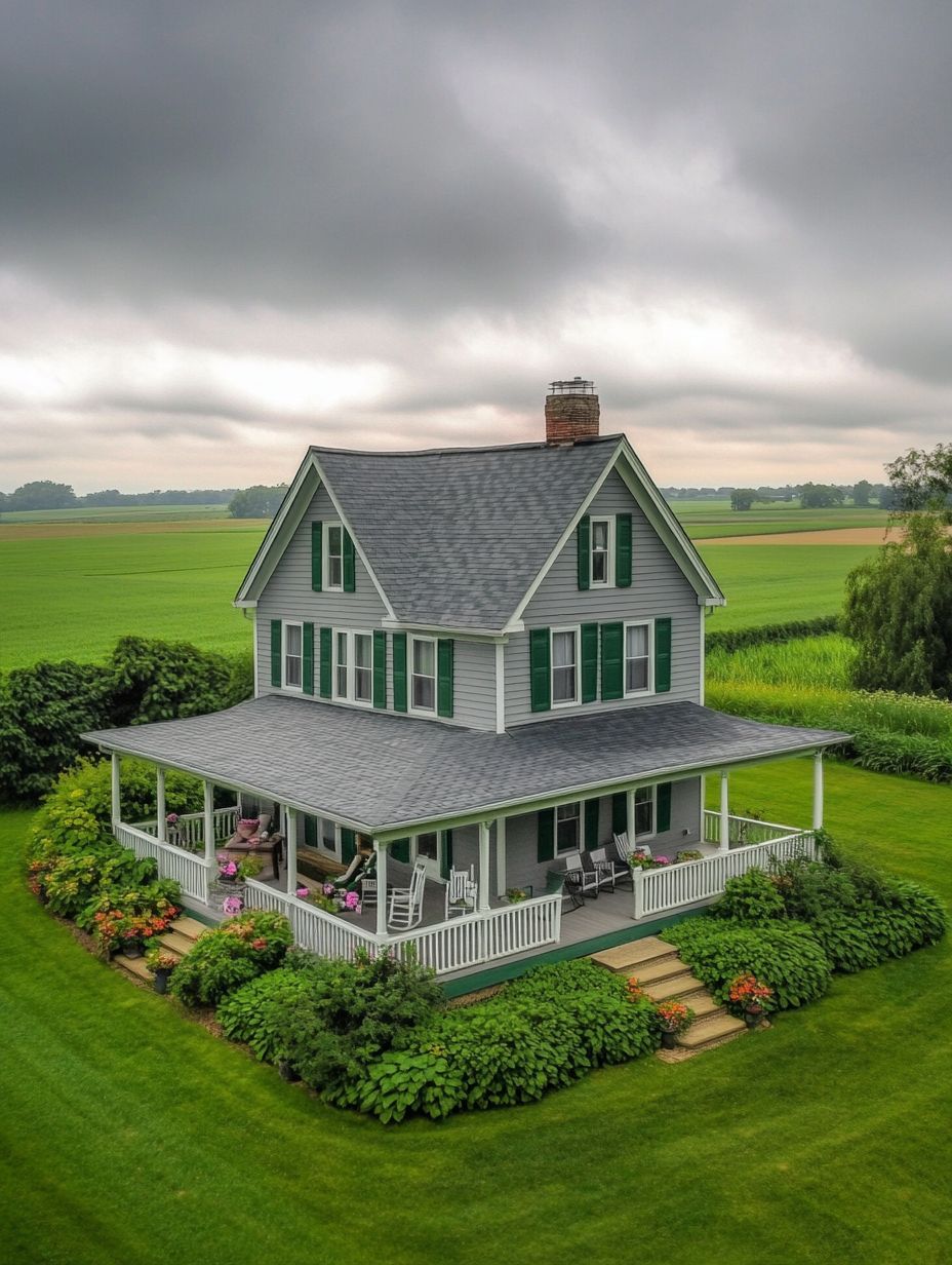 A two-story farmhouse with a wraparound porch, surrounded by lush green lawn, gardens, and open farmland under a cloudy sky.