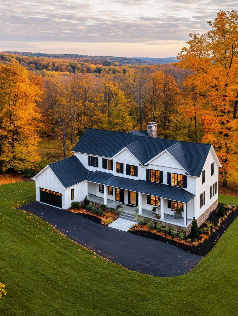 A two-story white house with black trim sits on a well-manicured lawn, surrounded by autumn trees with colorful foliage under a partly cloudy sky.