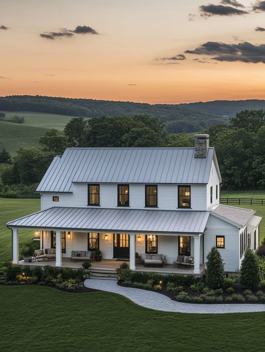 A two-story white farmhouse with a metal roof and wraparound porch, set in a green landscape at sunset with hills and trees in the background.