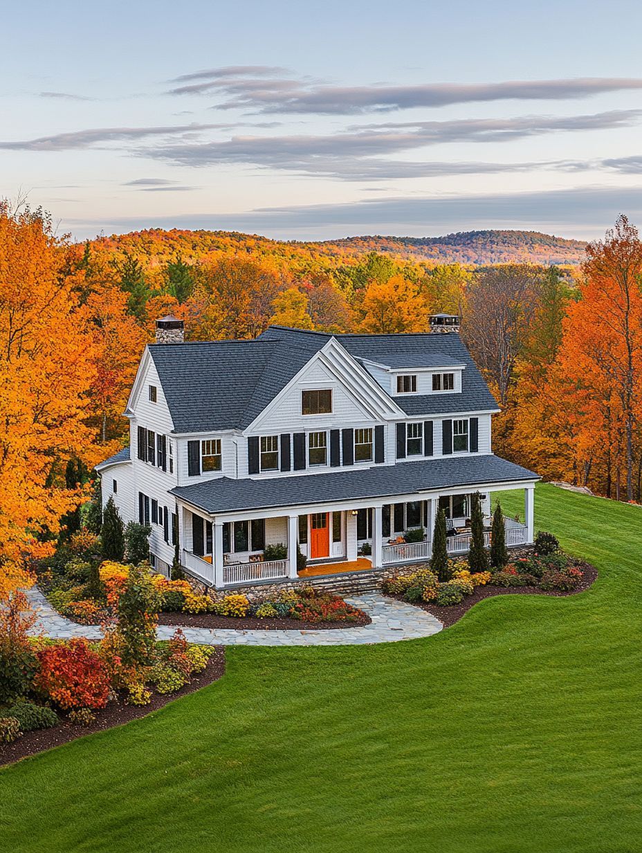 A white two-story house with a porch sits on a manicured lawn, surrounded by colorful autumn trees and hills in the background.