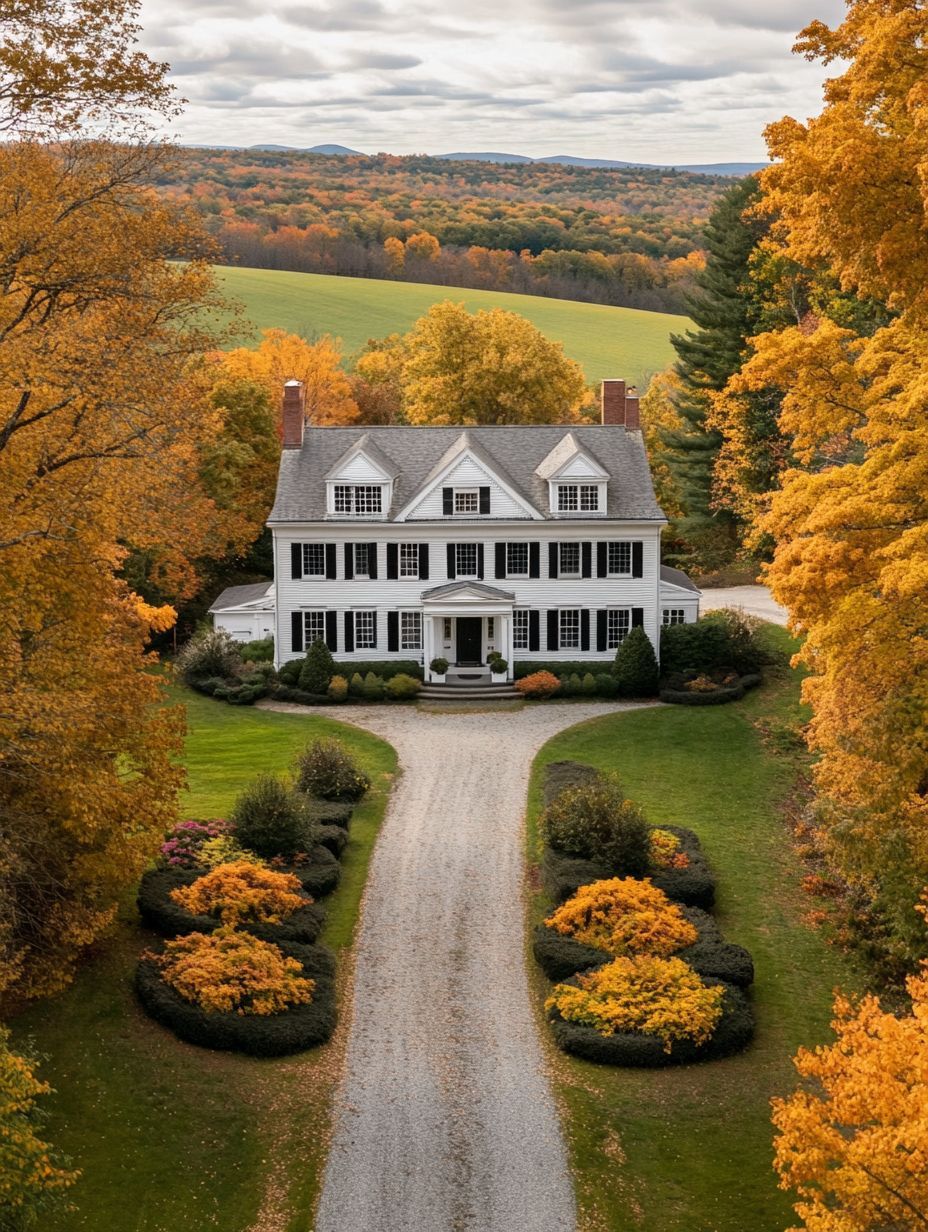 A large white colonial-style house with black shutters sits at the end of a curved gravel driveway, surrounded by manicured bushes and autumn trees with colorful foliage.
