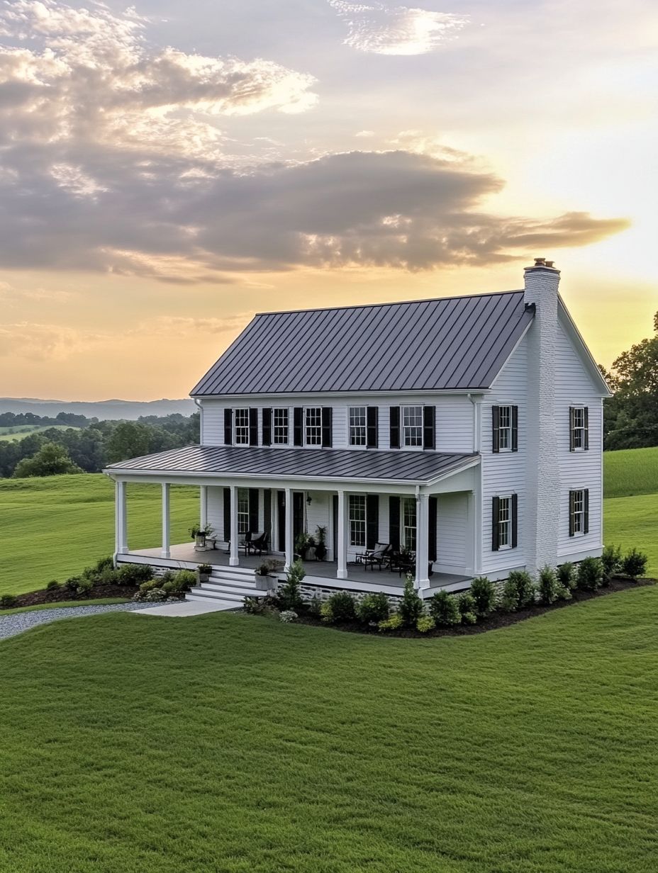White two-story farmhouse with a metal roof and wraparound porch, surrounded by green lawn and fields, under a partly cloudy sky at sunset.