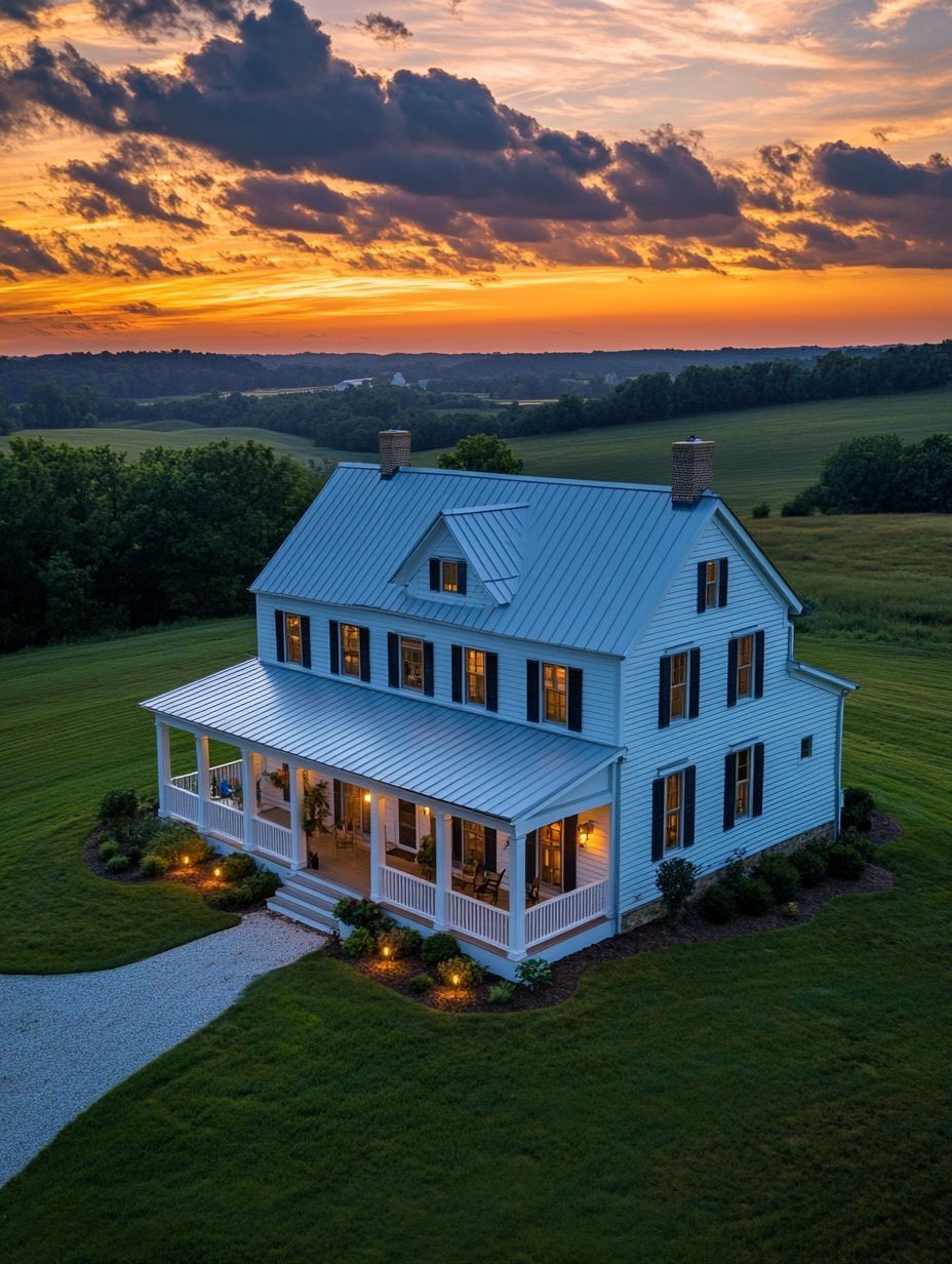 A white two-story farmhouse with a metal roof and wraparound porch sits on a large green lawn at sunset, with outdoor lights illuminating the landscaping.