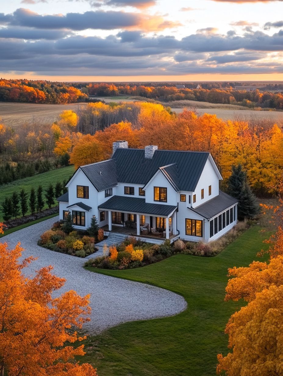 Aerial view of a two-story white house with black roof, surrounded by autumn trees with orange leaves, set in a rural landscape at sunset.