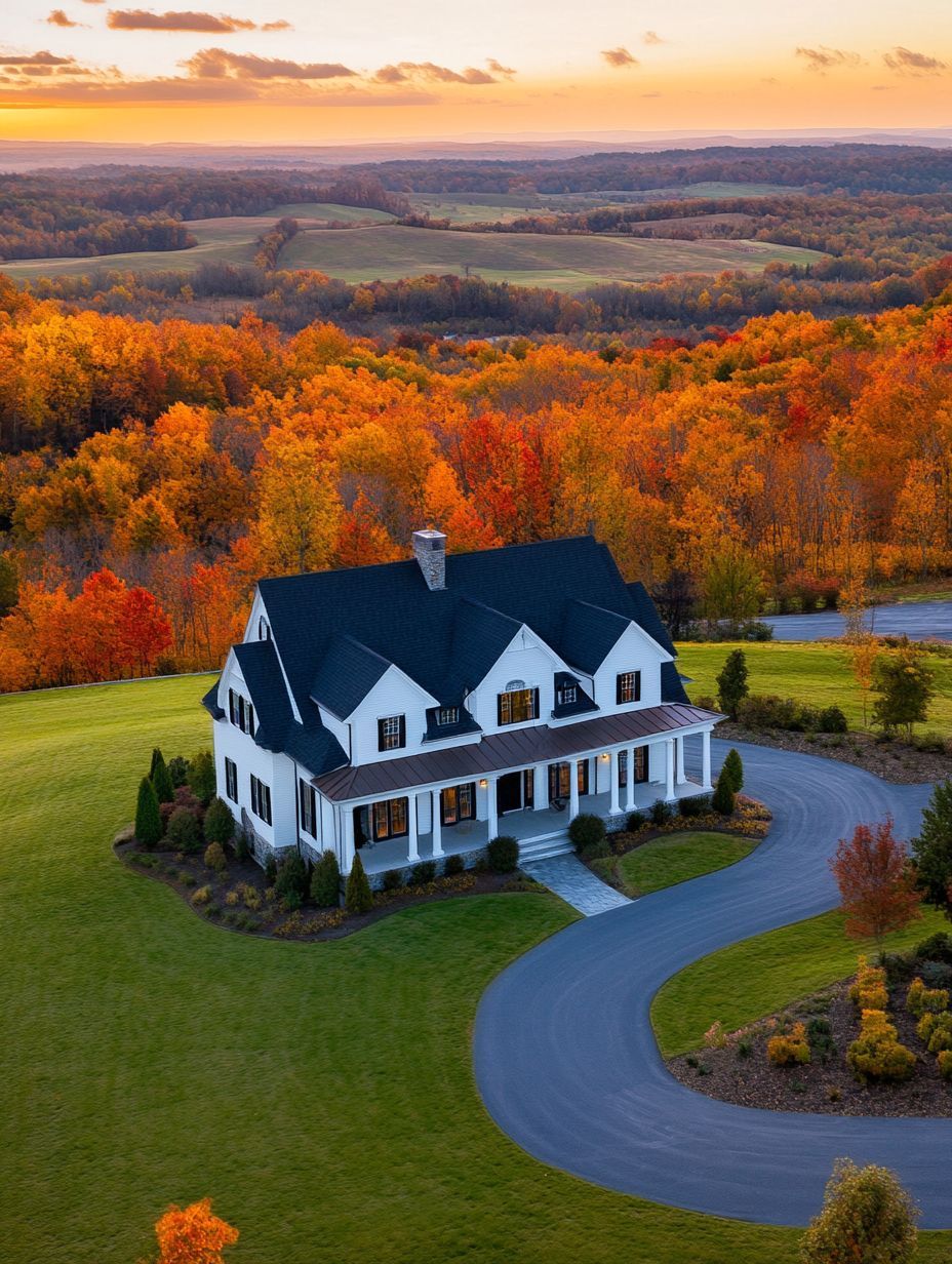 A two-story white house with black roof sits among autumn trees, surrounded by a large lawn and a curved driveway at sunset, overlooking rolling hills.