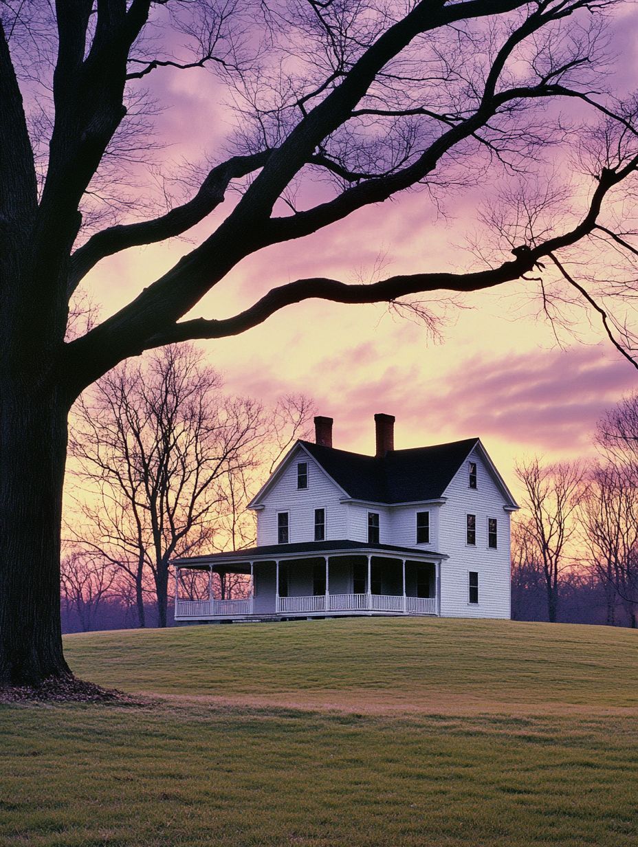 A white two-story house with a large porch sits on a grassy hill, framed by leafless trees, under a purple and orange sunset sky.