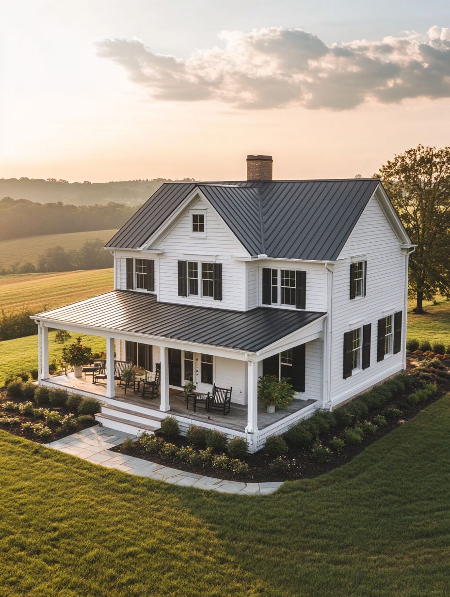 A two-story white farmhouse with a black metal roof and wraparound porch sits amid landscaped gardens and open grassy fields at sunset.