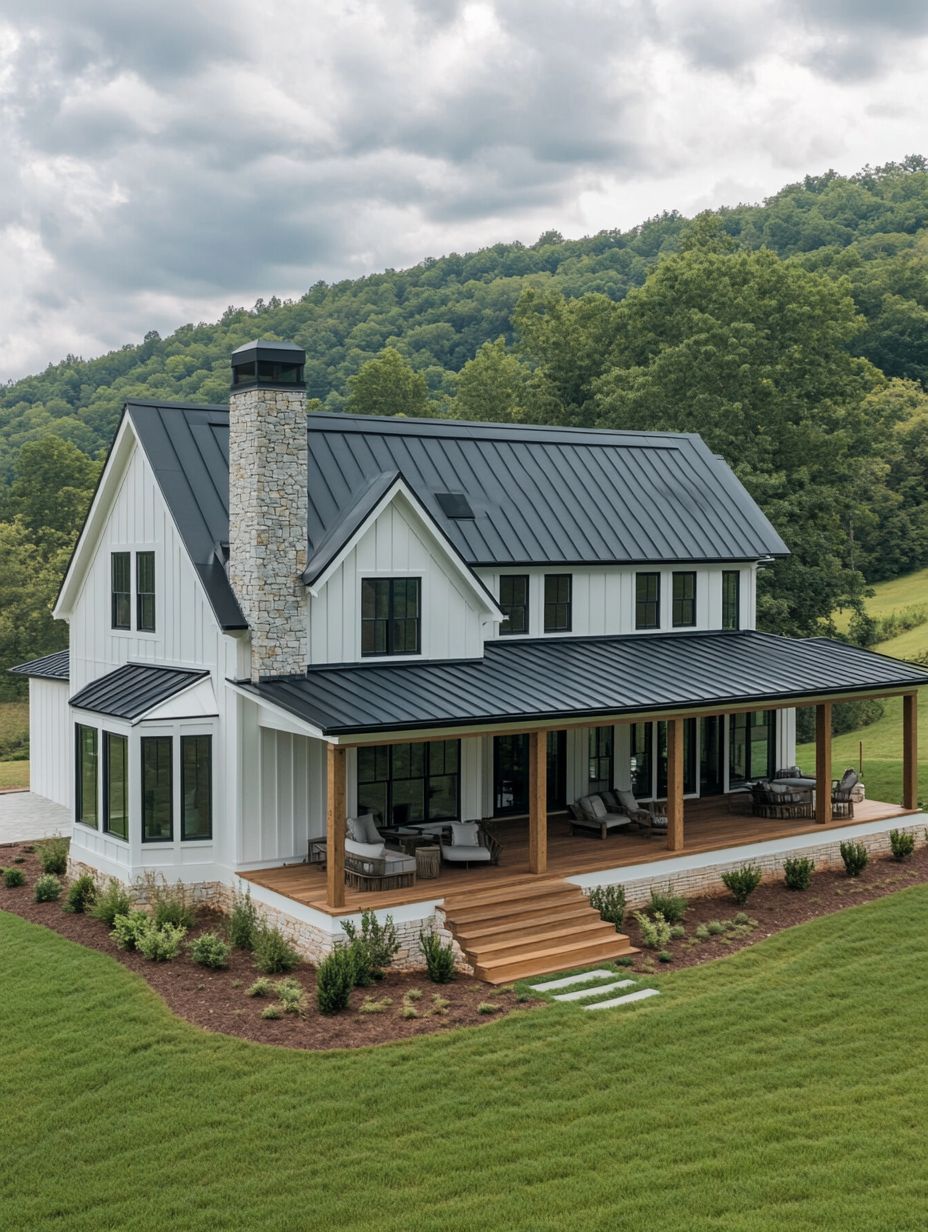 A modern farmhouse with a black metal roof, white siding, stone chimney, and a large covered porch, set amid green hills and trees under a cloudy sky.