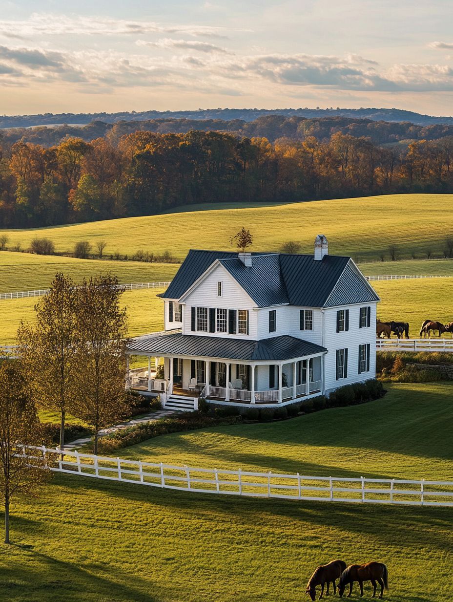A white farmhouse with a wraparound porch sits on a green lawn, surrounded by fenced pastures with grazing horses and rolling hills in the background.