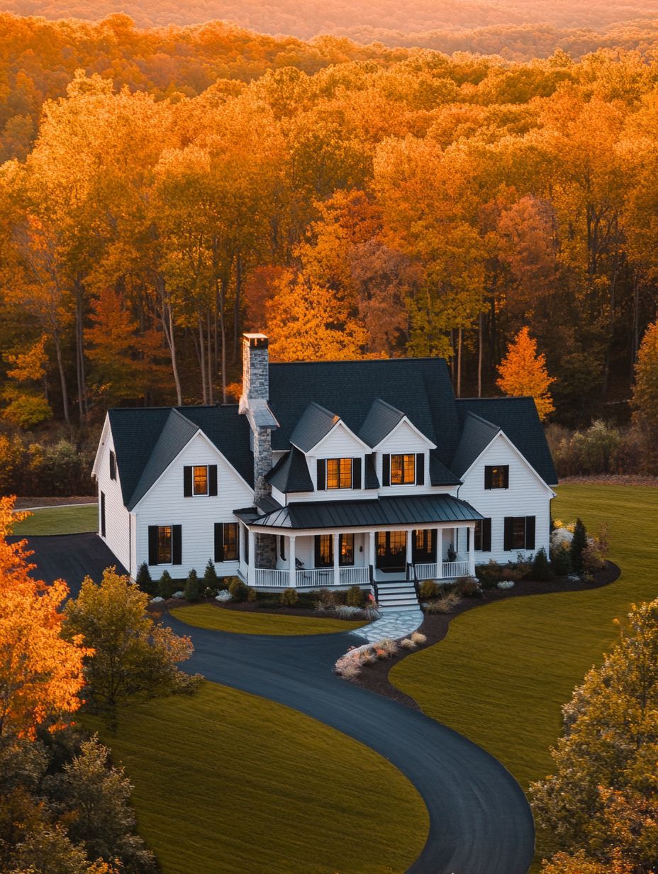 A white two-story house with a dark roof sits amid green grass, surrounded by autumn-colored trees under a warm, golden sunset.