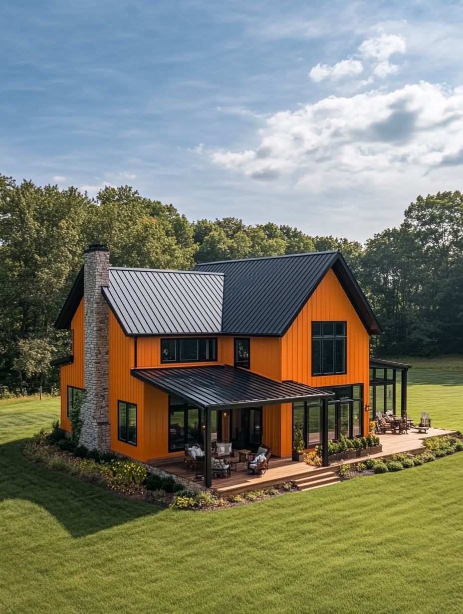 A modern two-story house with bright orange siding, black roof, large windows, a stone chimney, and a wraparound porch, set on a well-manicured lawn with trees in the background.