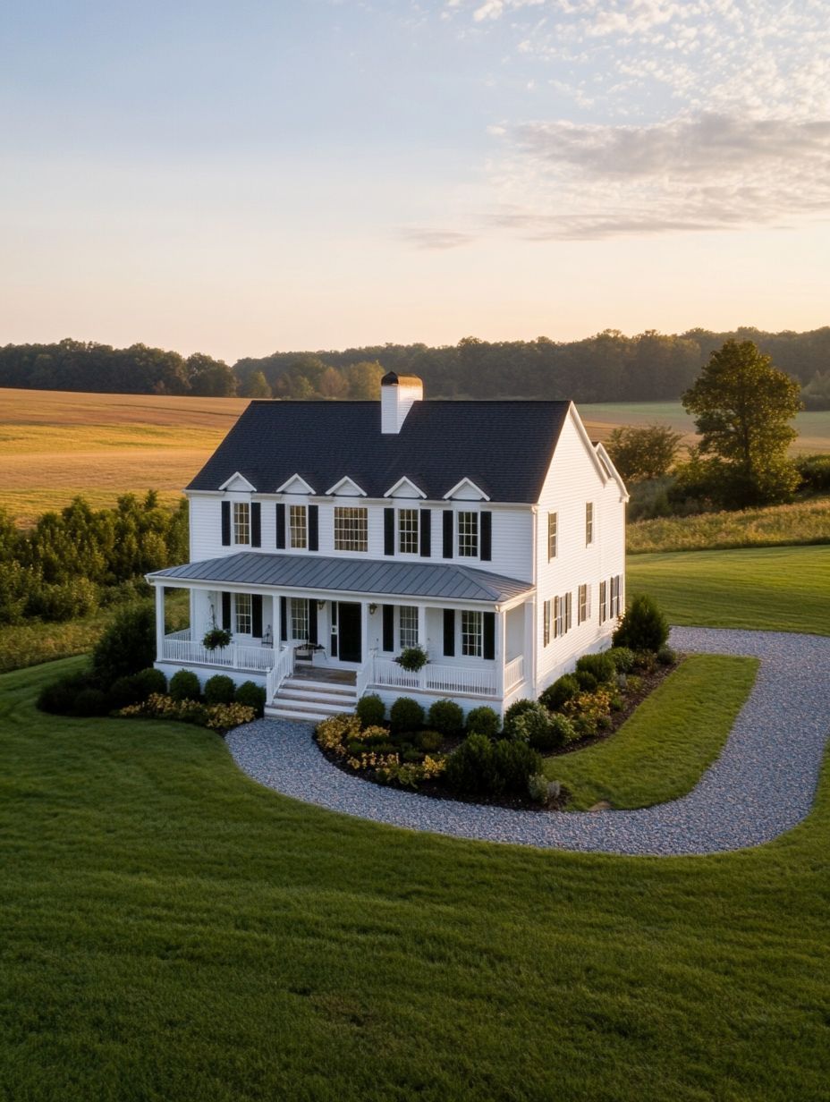 A two-story white house with a black roof sits on a large, grassy property with a curved gravel driveway and landscaped garden beds, surrounded by open fields and trees.