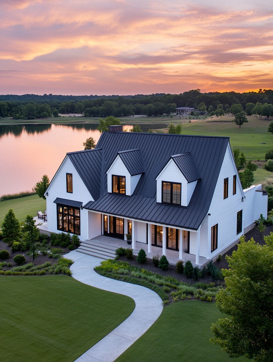 Modern white house with black roof sits by a lake at sunset, surrounded by manicured lawn and landscaping, with trees and water visible in the background.