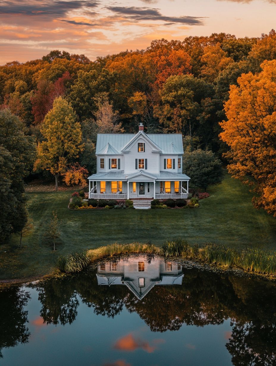 A white two-story house with a porch is surrounded by autumn trees and reflected in a pond at sunset.