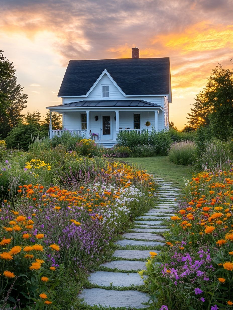 A white house with a dark roof stands at sunset, with a stone pathway leading through a colorful, blooming garden in the foreground.