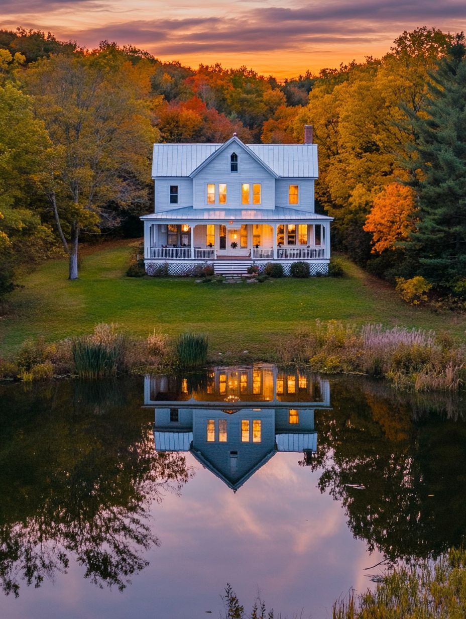 A white two-story house with lit windows is reflected in a calm pond, surrounded by autumn trees at sunset.