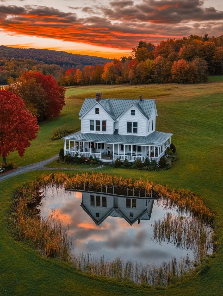 A white farmhouse with a wraparound porch is reflected in a small pond, surrounded by grassy fields and autumn trees under a vibrant sunset sky.
